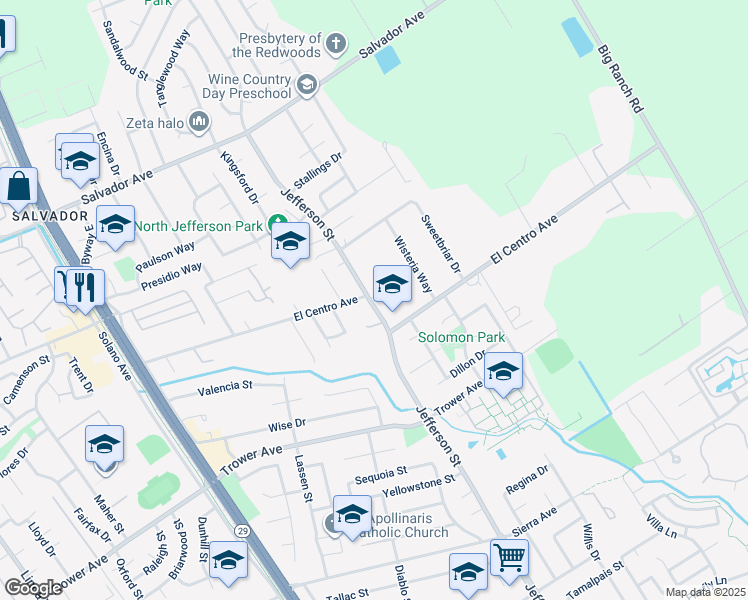 map of restaurants, bars, coffee shops, grocery stores, and more near 4042 Jefferson Street in Napa