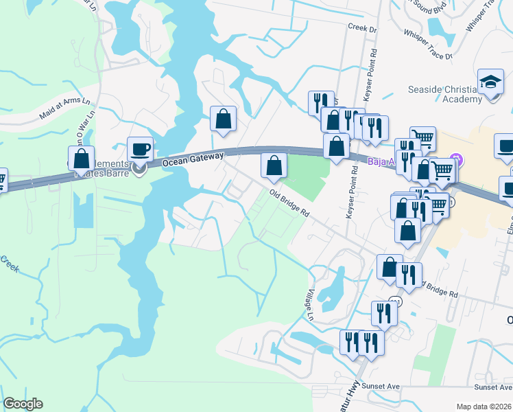 map of restaurants, bars, coffee shops, grocery stores, and more near 12357 Greenridge Lane Road in Ocean City
