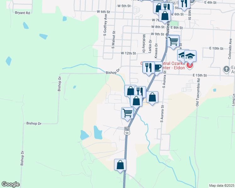 map of restaurants, bars, coffee shops, grocery stores, and more near Hilltop Rd in Eldon