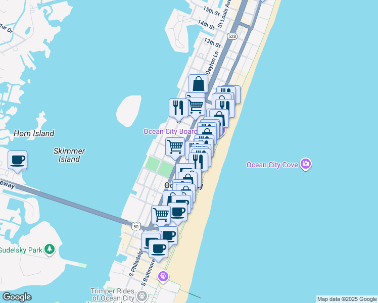map of restaurants, bars, coffee shops, grocery stores, and more near 16 Wilmington Lane in Ocean City