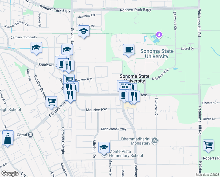 map of restaurants, bars, coffee shops, grocery stores, and more near 71 Regents Circle in Rohnert Park