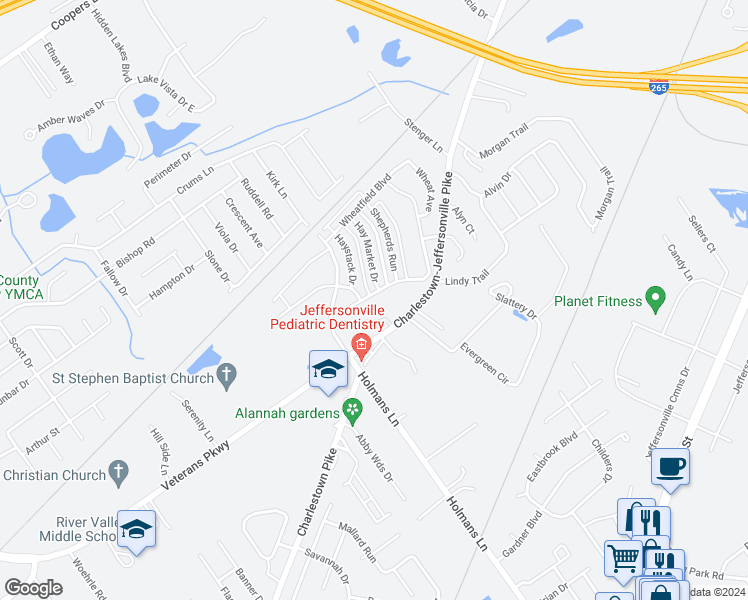 map of restaurants, bars, coffee shops, grocery stores, and more near 3124 Red Barn Loop in Jeffersonville