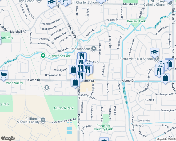 map of restaurants, bars, coffee shops, grocery stores, and more near 1969 Peabody Road in Vacaville