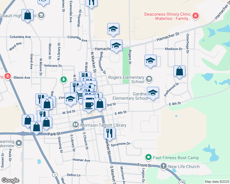 map of restaurants, bars, coffee shops, grocery stores, and more near 301 East Mill Street in Waterloo