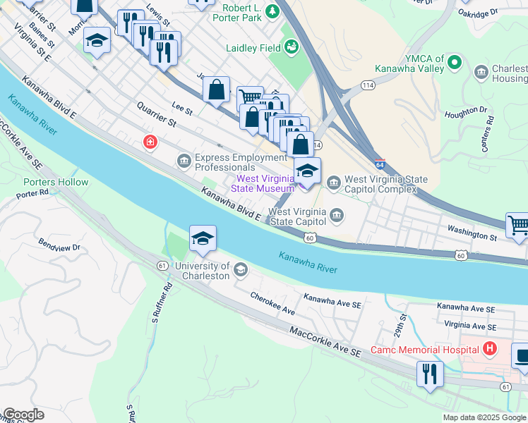 map of restaurants, bars, coffee shops, grocery stores, and more near 1636 Kanawha Boulevard East in Charleston