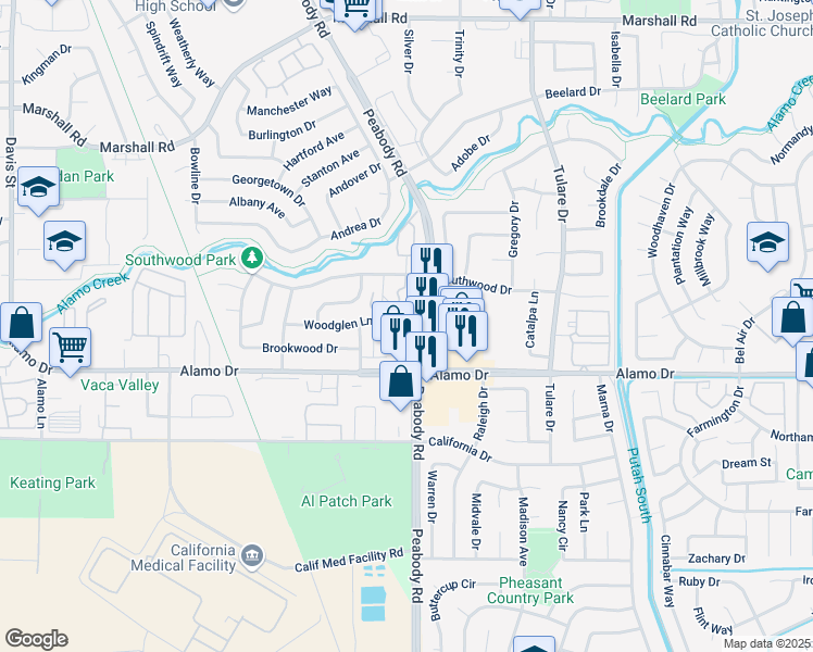 map of restaurants, bars, coffee shops, grocery stores, and more near 1960 Peabody Road in Vacaville