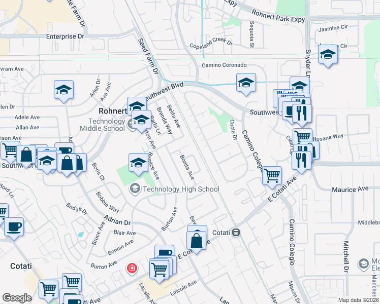 map of restaurants, bars, coffee shops, grocery stores, and more near 7576 Beth Court in Rohnert Park