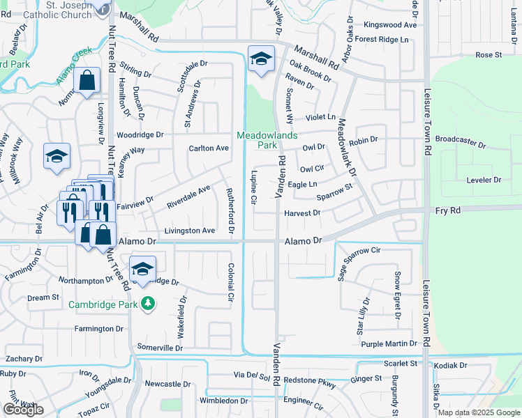 map of restaurants, bars, coffee shops, grocery stores, and more near 107 Harvest Drive in Vacaville