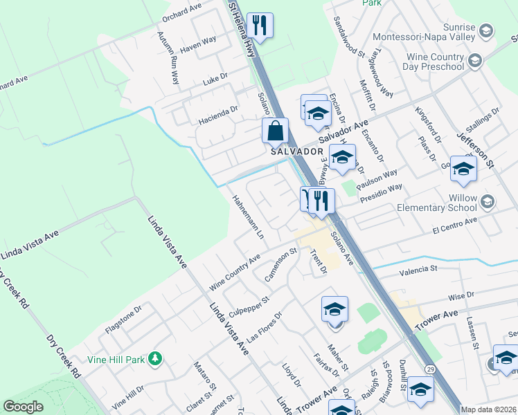 map of restaurants, bars, coffee shops, grocery stores, and more near 35 Falcon Crest Circle in Napa