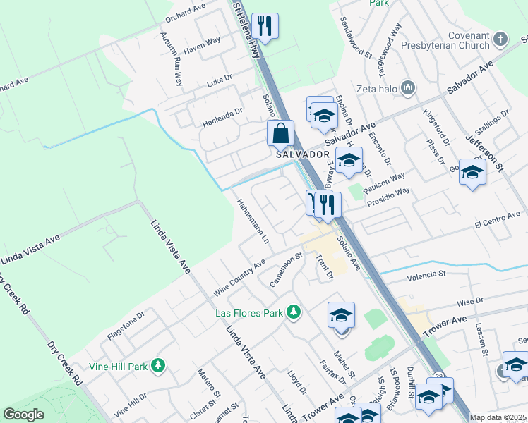 map of restaurants, bars, coffee shops, grocery stores, and more near 35 Falcon Crest Circle in Napa
