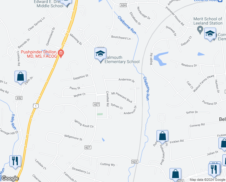 map of restaurants, bars, coffee shops, grocery stores, and more near 204 Mount Pleasant Boulevard in Fredericksburg