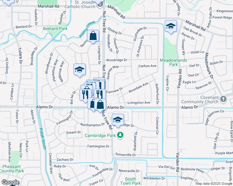 map of restaurants, bars, coffee shops, grocery stores, and more near 120 Fairview Drive in Vacaville