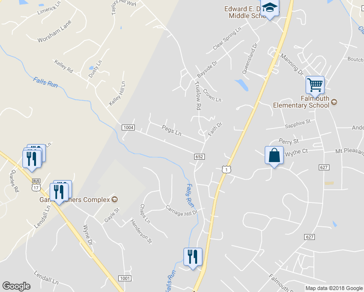 map of restaurants, bars, coffee shops, grocery stores, and more near 26 Kelley Road in Fredericksburg