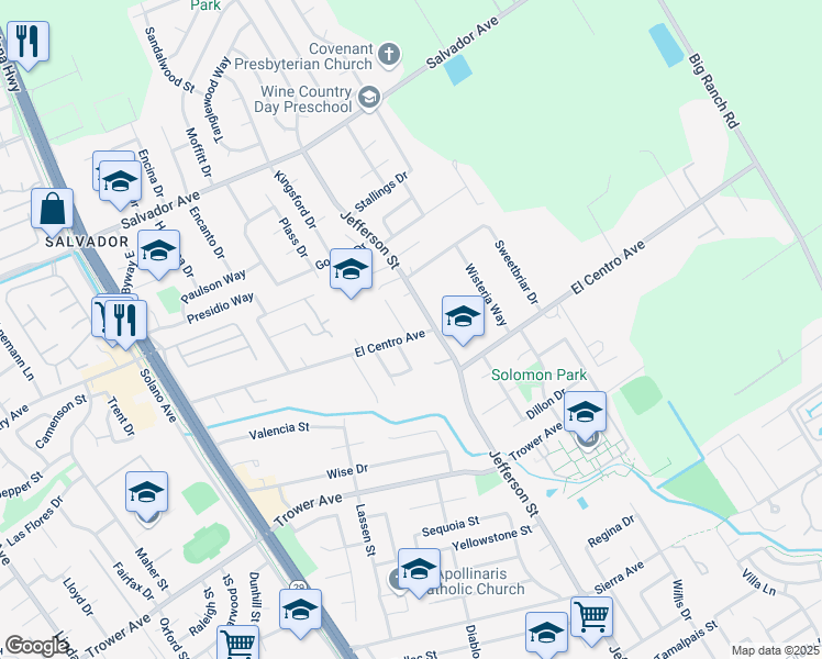 map of restaurants, bars, coffee shops, grocery stores, and more near 100 Paradise Drive in Napa