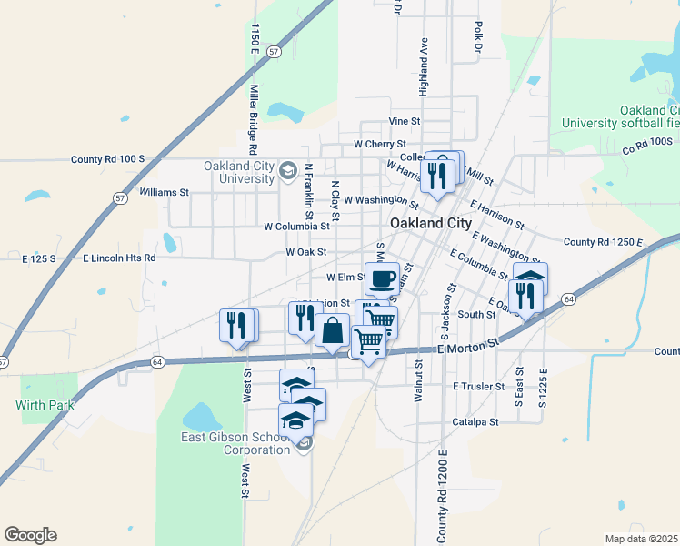 map of restaurants, bars, coffee shops, grocery stores, and more near 331 West Elm Street in Oakland City
