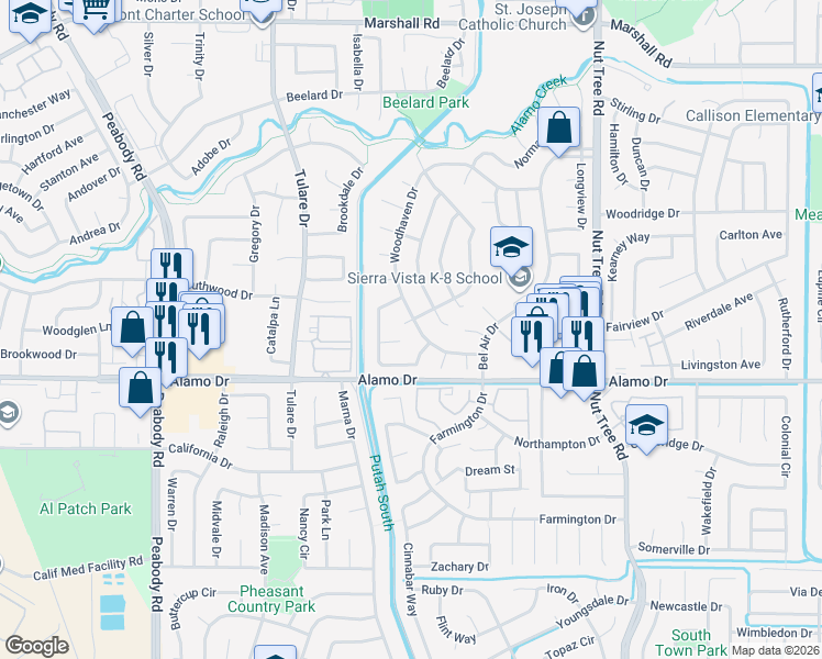 map of restaurants, bars, coffee shops, grocery stores, and more near 740 Greenwich Court in Vacaville