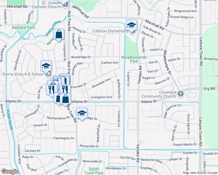 map of restaurants, bars, coffee shops, grocery stores, and more near 331 Franklin Court in Vacaville