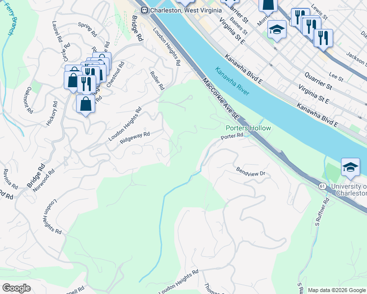 map of restaurants, bars, coffee shops, grocery stores, and more near 1240 Staunton Road in Charleston