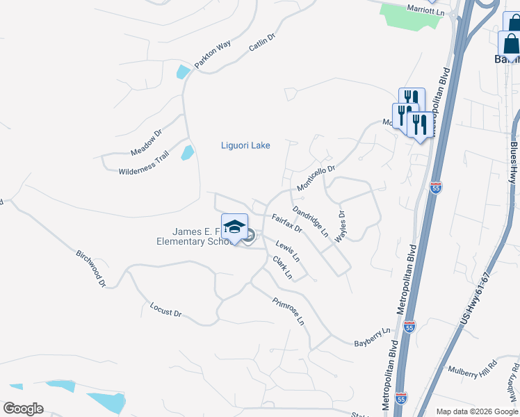 map of restaurants, bars, coffee shops, grocery stores, and more near 7310 Fairfax Court in Barnhart