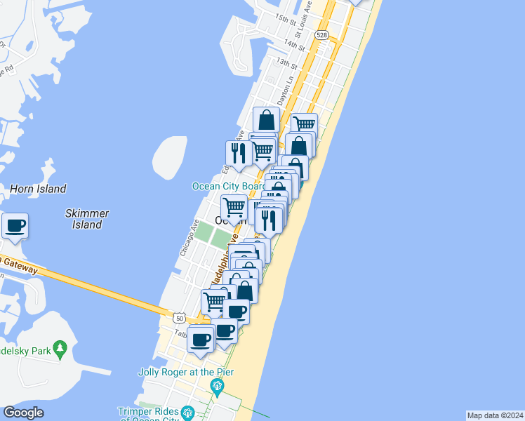 map of restaurants, bars, coffee shops, grocery stores, and more near 509 Baltimore Avenue in Ocean City