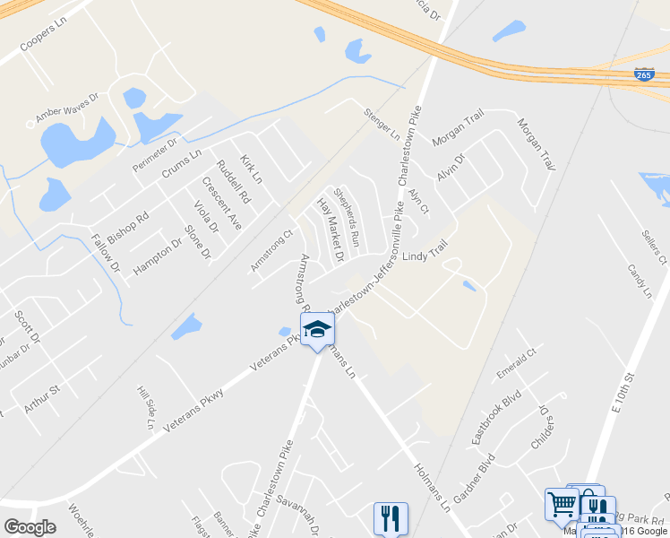 map of restaurants, bars, coffee shops, grocery stores, and more near Red Barn Loop in Jeffersonville