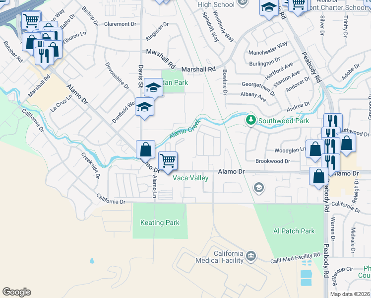 map of restaurants, bars, coffee shops, grocery stores, and more near 1501 Alamo Drive in Vacaville