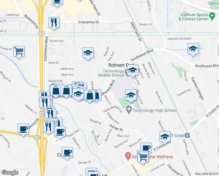 map of restaurants, bars, coffee shops, grocery stores, and more near 421 Alta Avenue in Rohnert Park