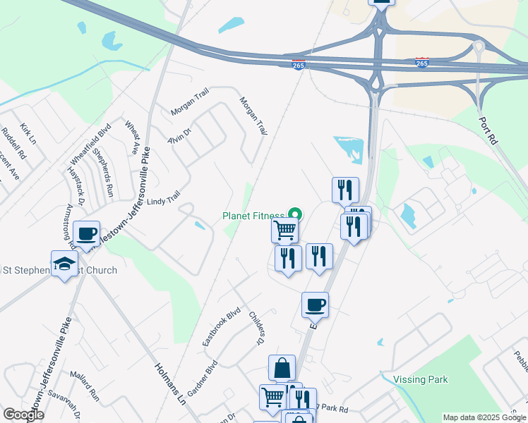 map of restaurants, bars, coffee shops, grocery stores, and more near 3420 Palmetto Drive in Jeffersonville