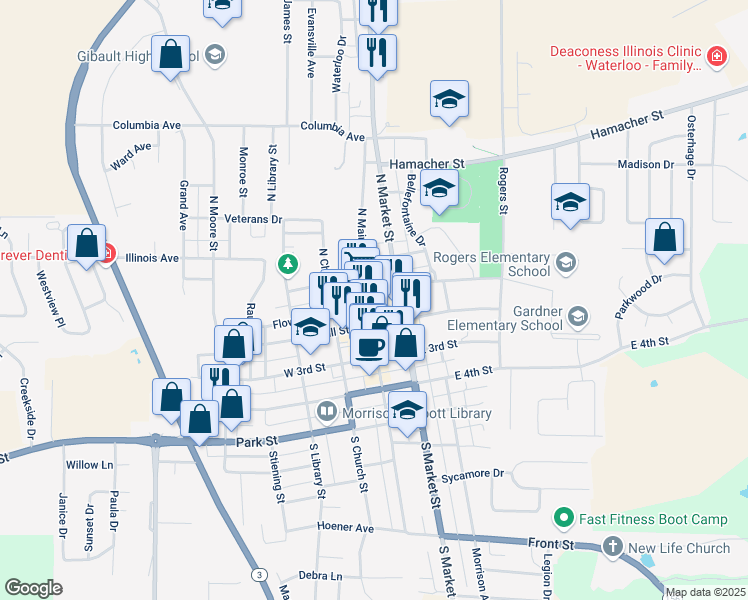 map of restaurants, bars, coffee shops, grocery stores, and more near 102 East 1st Street in Waterloo
