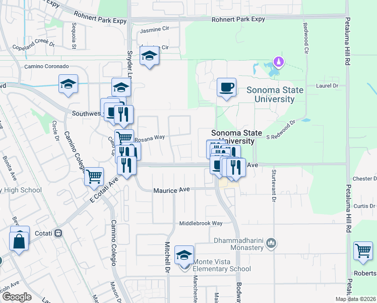 map of restaurants, bars, coffee shops, grocery stores, and more near 71 Regents Cir in Rohnert Park