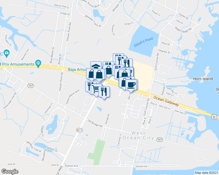 map of restaurants, bars, coffee shops, grocery stores, and more near 12702 U.S. 50 in Ocean City
