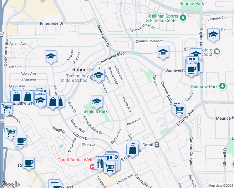 map of restaurants, bars, coffee shops, grocery stores, and more near 7482 Beverly Drive in Rohnert Park