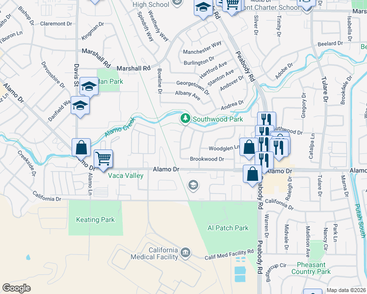 map of restaurants, bars, coffee shops, grocery stores, and more near 1748 Southwood Drive in Vacaville