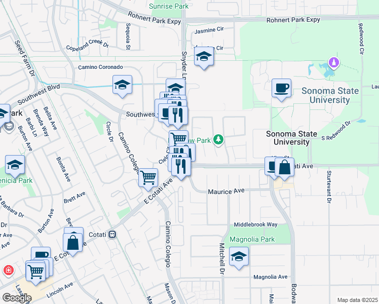 map of restaurants, bars, coffee shops, grocery stores, and more near 7215 Roxanne Lane in Rohnert Park