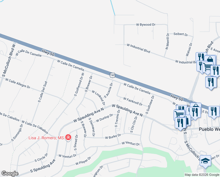 map of restaurants, bars, coffee shops, grocery stores, and more near South Acacia Drive in Pueblo West