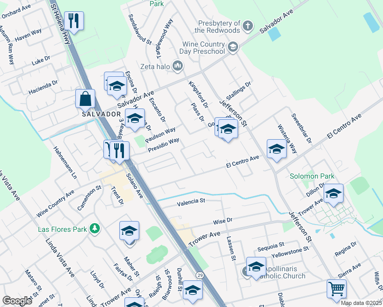 map of restaurants, bars, coffee shops, grocery stores, and more near 1672 San Vicente Avenue in Napa