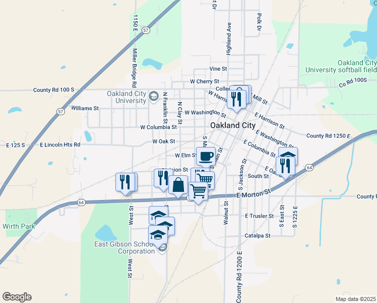 map of restaurants, bars, coffee shops, grocery stores, and more near 331 West Elm Street in Oakland City