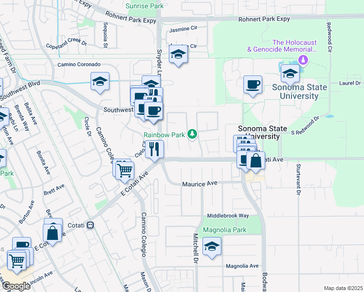 map of restaurants, bars, coffee shops, grocery stores, and more near 7218 Ruby Ct in Rohnert Park