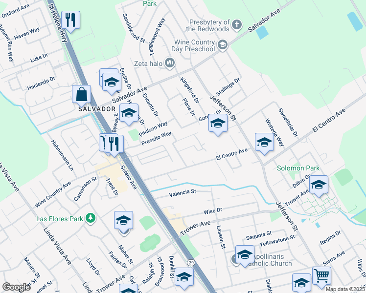 map of restaurants, bars, coffee shops, grocery stores, and more near 1672 San Vicente Avenue in Napa