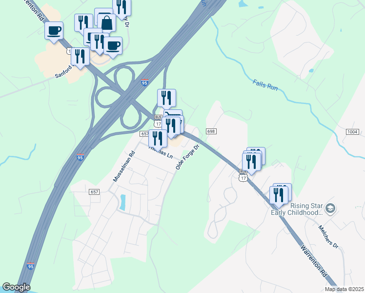 map of restaurants, bars, coffee shops, grocery stores, and more near 10 Ethyl Lane in Fredericksburg