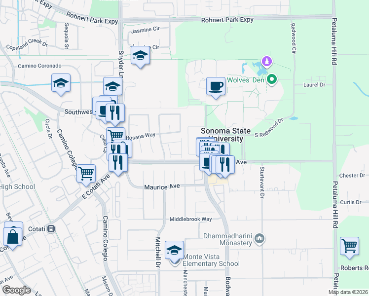 map of restaurants, bars, coffee shops, grocery stores, and more near 71 Regents Circle in Rohnert Park
