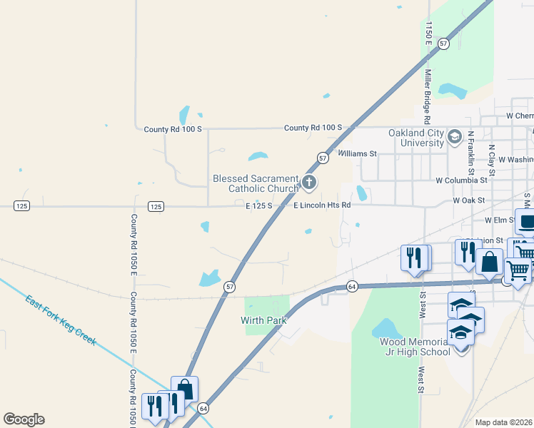 map of restaurants, bars, coffee shops, grocery stores, and more near Highway 57 in Oakland City