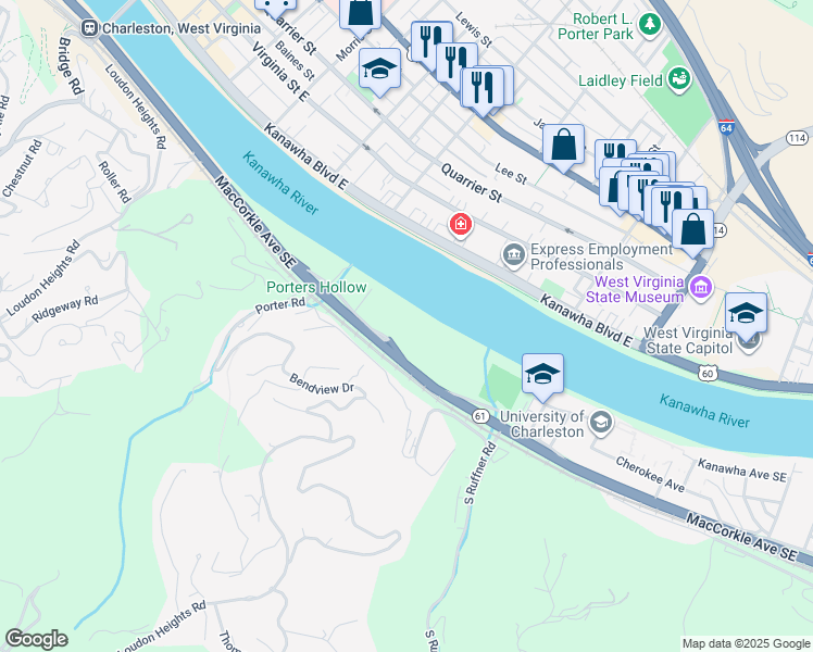 map of restaurants, bars, coffee shops, grocery stores, and more near in Charleston
