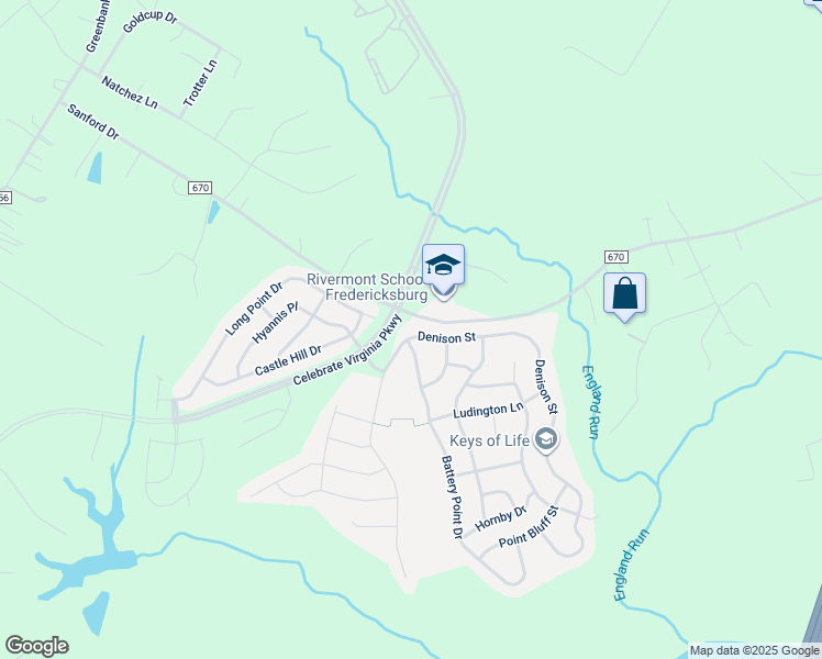map of restaurants, bars, coffee shops, grocery stores, and more near 23 Denison Street in Fredericksburg