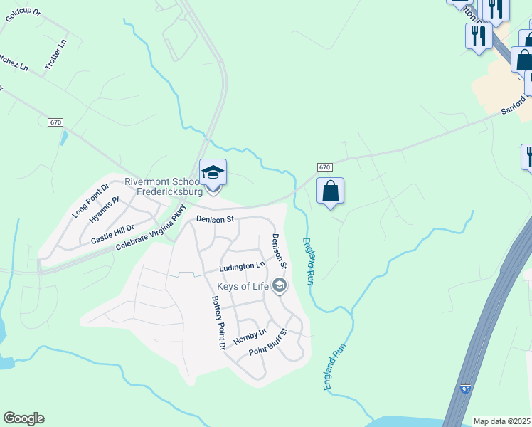 map of restaurants, bars, coffee shops, grocery stores, and more near 73 Denison Street in Fredericksburg