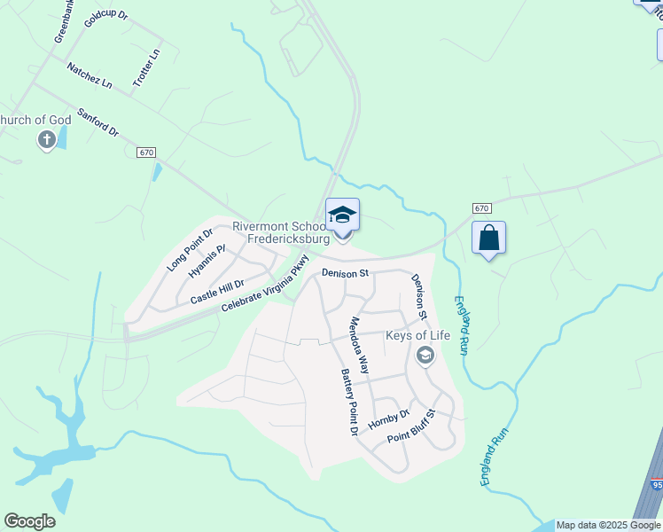 map of restaurants, bars, coffee shops, grocery stores, and more near 31 Denison Street in Fredericksburg