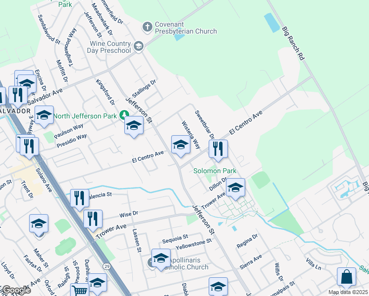 map of restaurants, bars, coffee shops, grocery stores, and more near 1222 El Centro Avenue in Napa