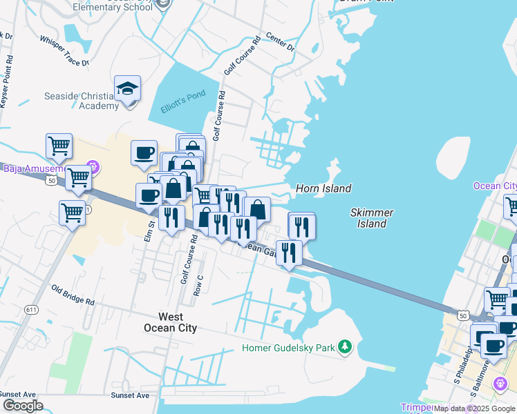 map of restaurants, bars, coffee shops, grocery stores, and more near 12906 Sand Bar Lane in Ocean City
