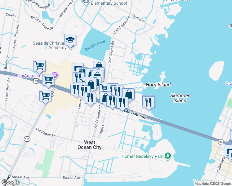 map of restaurants, bars, coffee shops, grocery stores, and more near 9905 Seaside Lane in Ocean City