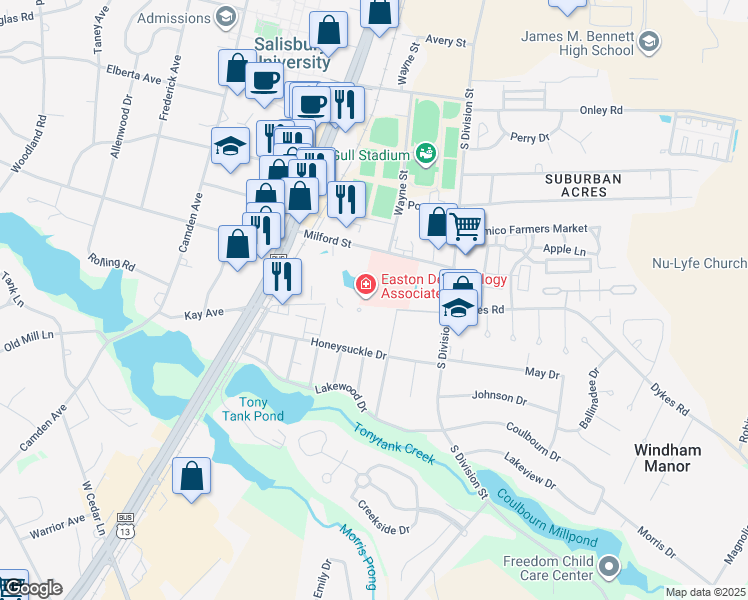 map of restaurants, bars, coffee shops, grocery stores, and more near 106 Milford Street in Salisbury